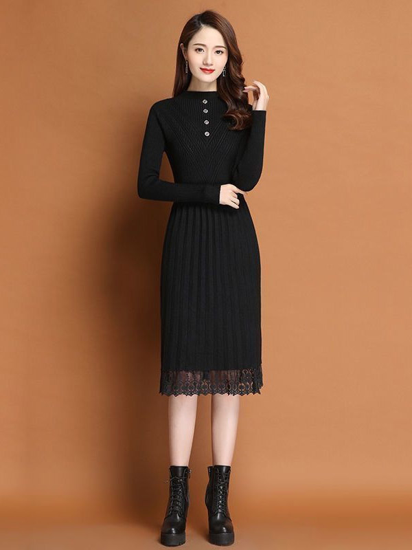 Black Round Neck Pleated Knit Dress with Lace Detail