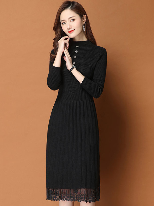 Black Round Neck Pleated Knit Dress with Lace Detail