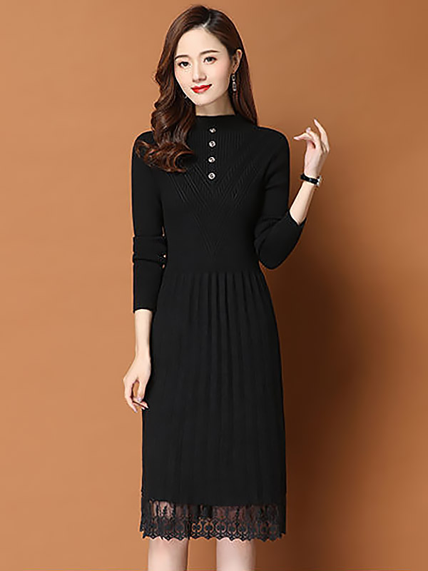 Black Round Neck Pleated Knit Dress with Lace Detail