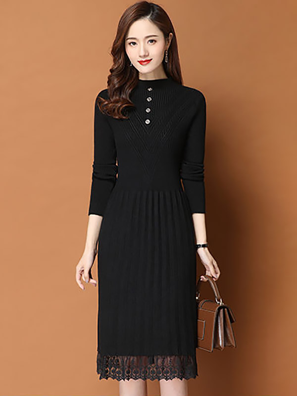 Black Round Neck Pleated Knit Dress with Lace Detail