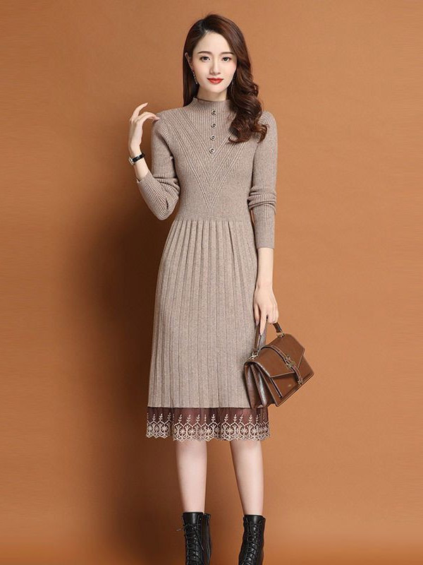 Khaki Round Neck Pleated Knit Dress with Lace Detail