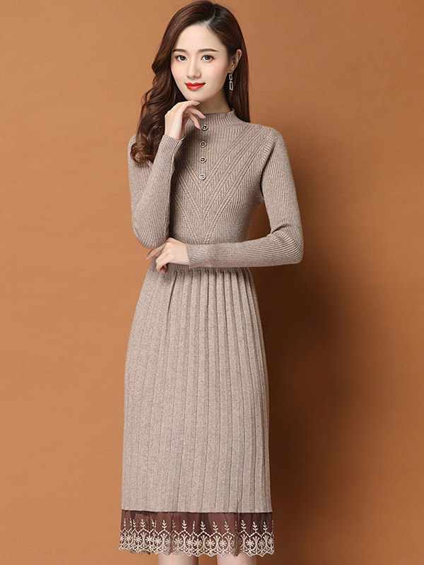 Khaki Round Neck Pleated Knit Dress with Lace Detail