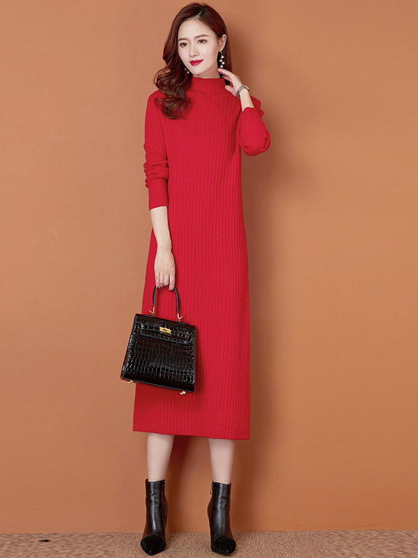 Red Stand Collar Ribbed Knit Maxi Dress