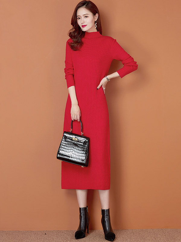 Red Stand Collar Ribbed Knit Maxi Dress