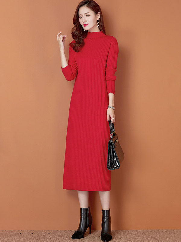 Red Stand Collar Ribbed Knit Maxi Dress