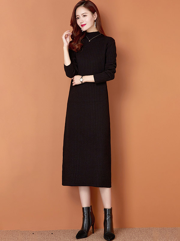 Black Stand Collar Ribbed Knit Maxi Dress