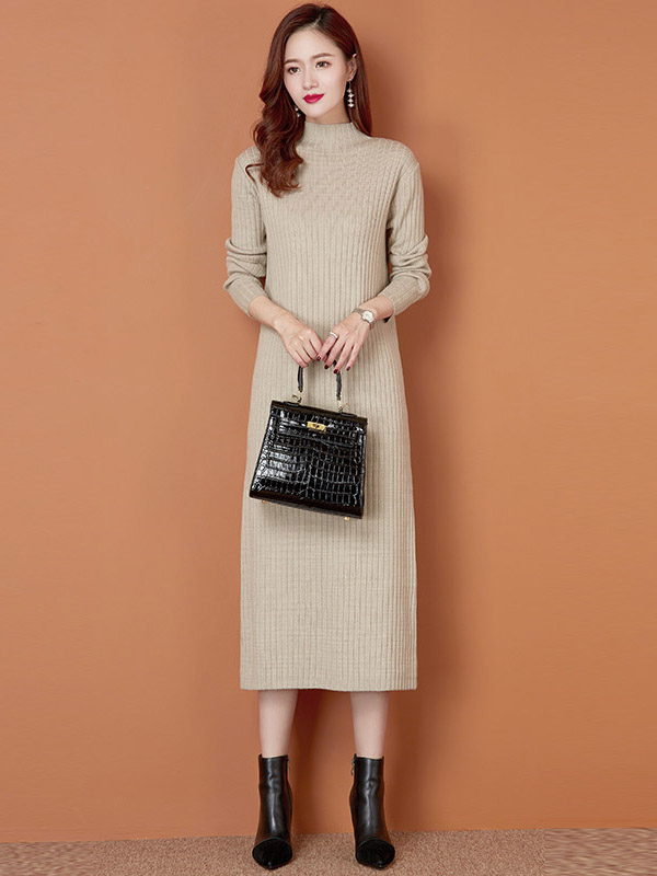 Khaki Stand Collar Ribbed Knit Maxi Dress