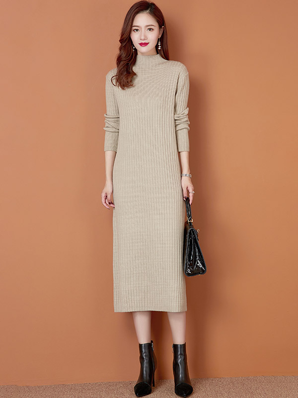 Khaki Stand Collar Ribbed Knit Maxi Dress