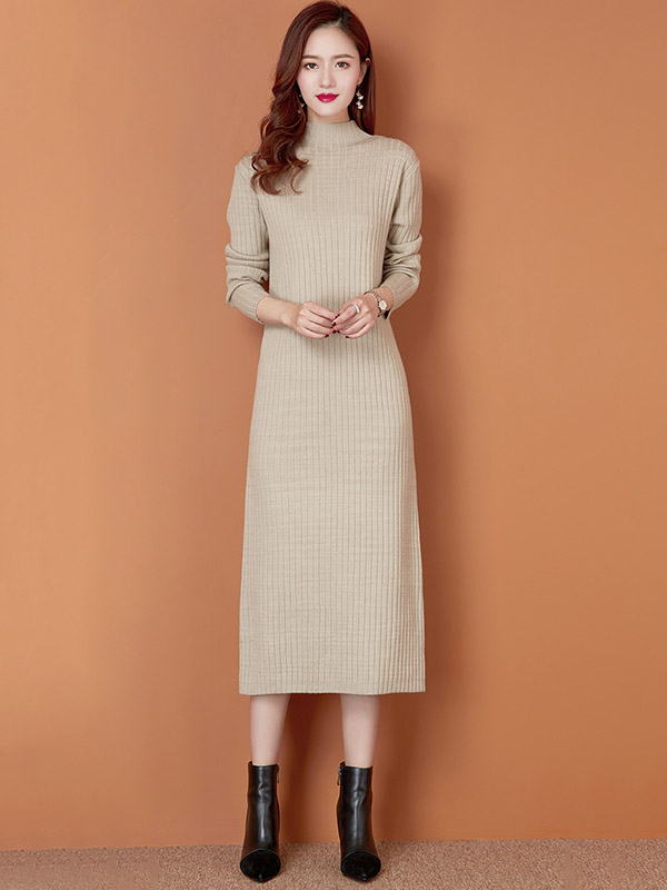 Khaki Stand Collar Ribbed Knit Maxi Dress