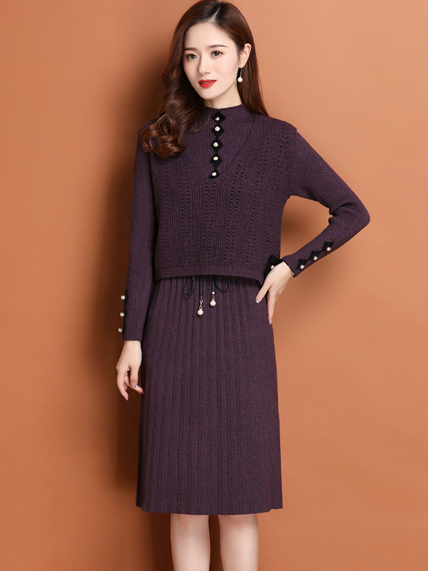 Purple A-line Knit Dress with Vest Top