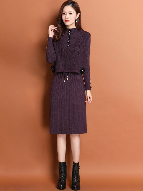 Purple A-line Knit Dress with Vest Top