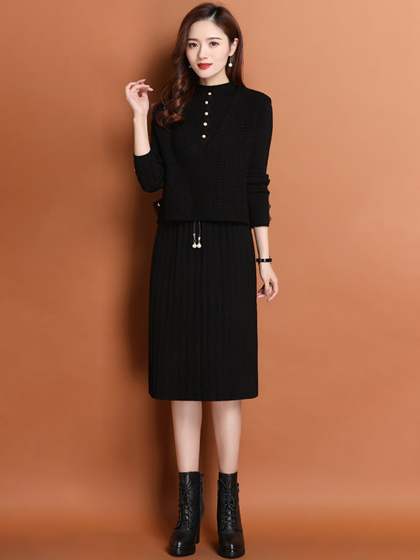 Black A-line Knit Dress with Vest Top