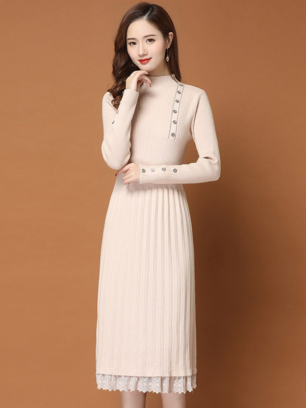 Apricot Stand Collar Ribbed Knit Dress with Lace Detail