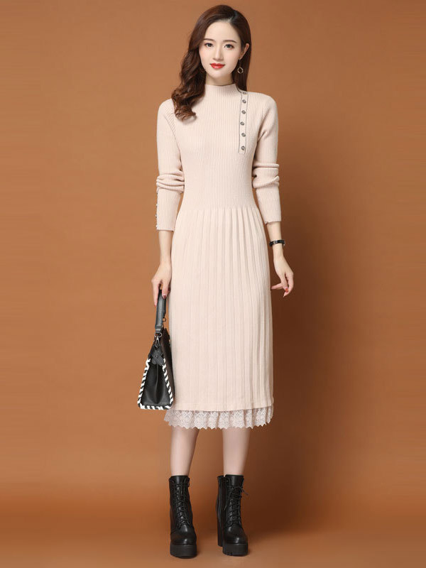 Apricot Stand Collar Ribbed Knit Dress with Lace Detail