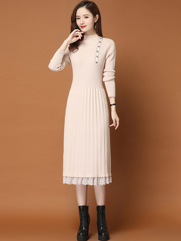 Apricot Stand Collar Ribbed Knit Dress with Lace Detail