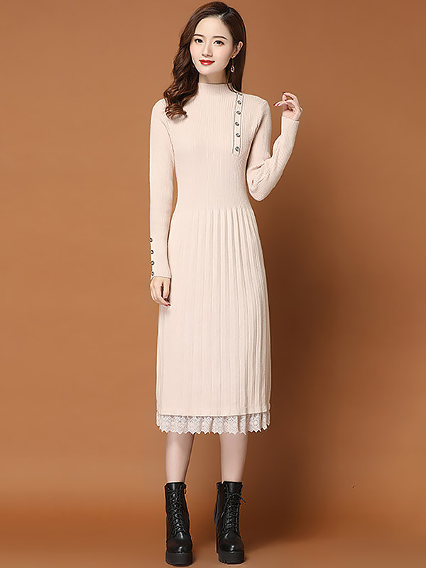 Apricot Stand Collar Ribbed Knit Dress with Lace Detail