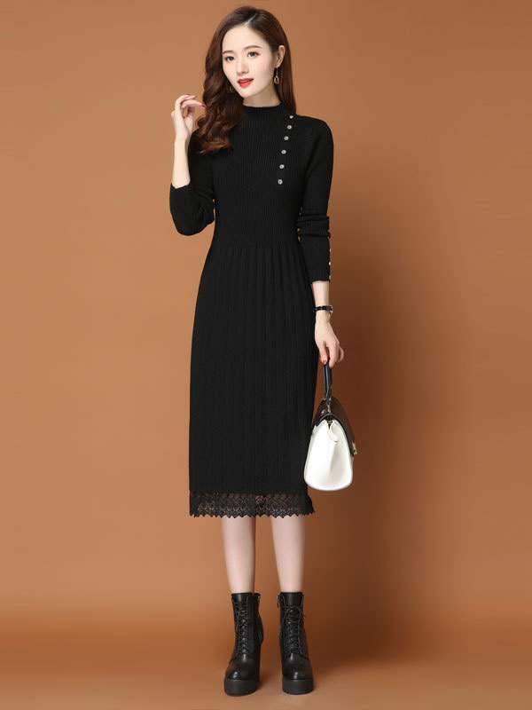 Black Stand Collar Ribbed Knit Dress with Lace Detail