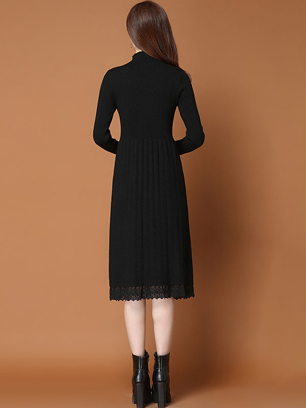 Black Stand Collar Ribbed Knit Dress with Lace Detail