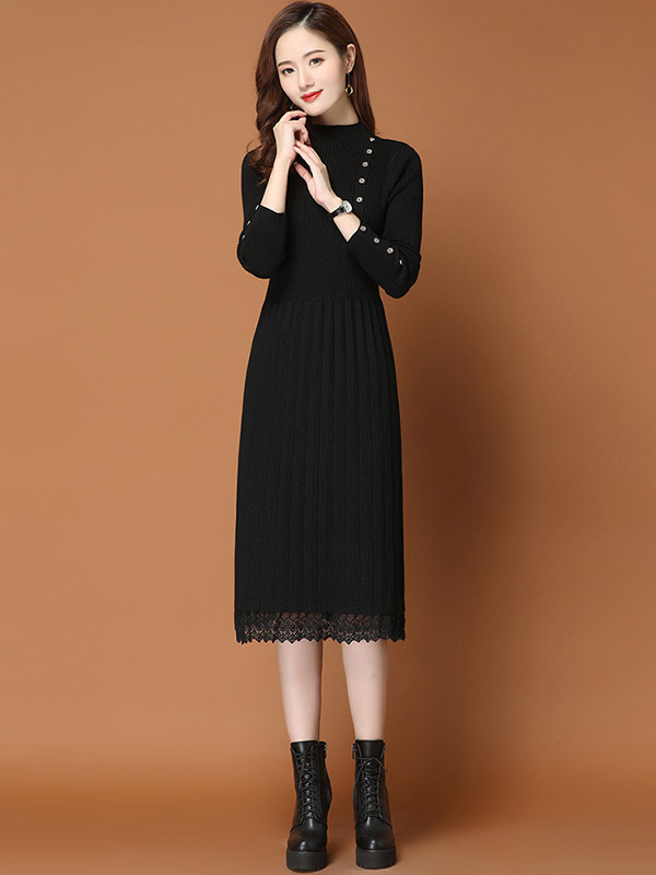 Black Stand Collar Ribbed Knit Dress with Lace Detail