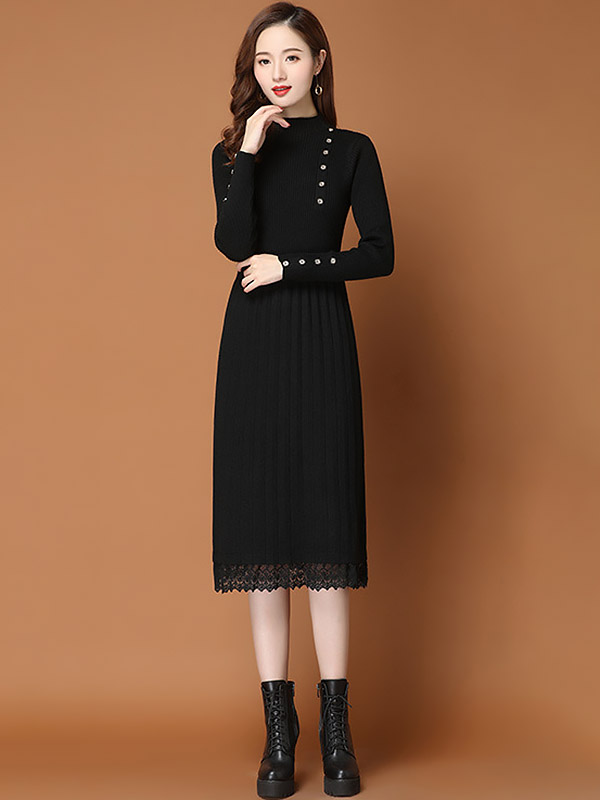 Black Stand Collar Ribbed Knit Dress with Lace Detail