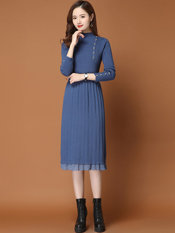 Blue Stand Collar Ribbed Knit Dress with Lace Detail