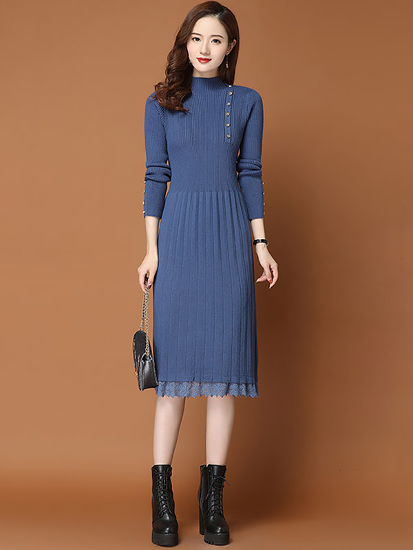 Blue Stand Collar Ribbed Knit Dress with Lace Detail