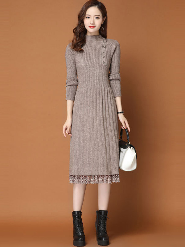 Khaki Stand Collar Ribbed Knit Dress with Lace Detail