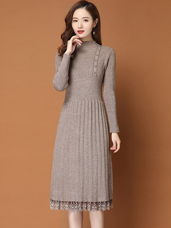 Khaki Stand Collar Ribbed Knit Dress with Lace Detail