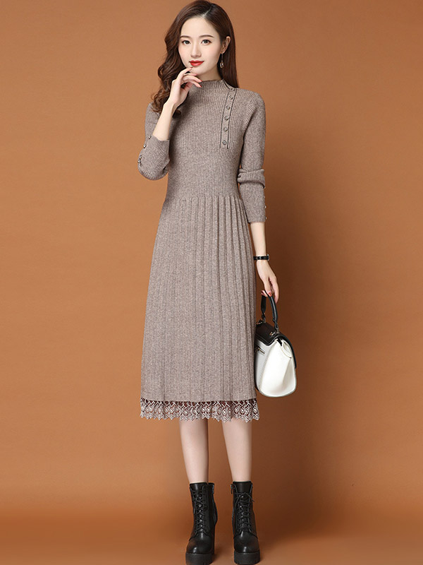 Khaki Stand Collar Ribbed Knit Dress with Lace Detail