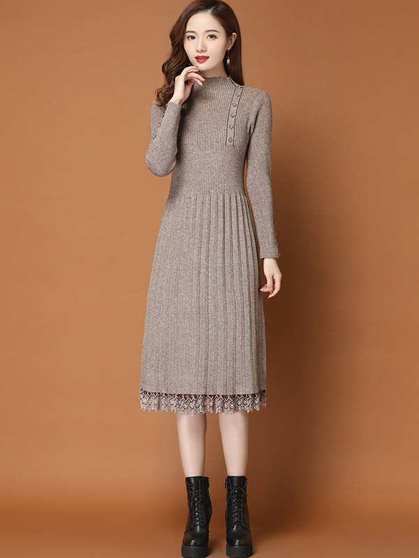 Khaki Stand Collar Ribbed Knit Dress with Lace Detail