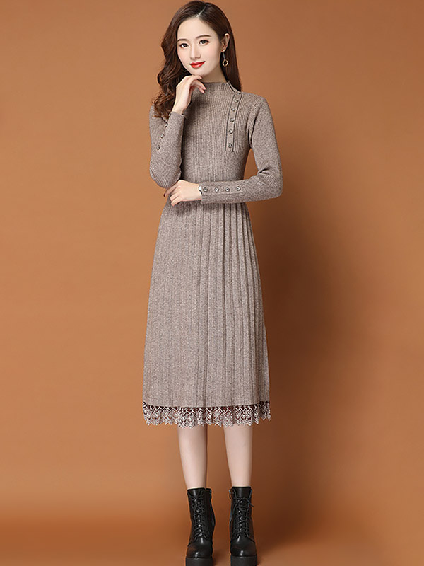 Khaki Stand Collar Ribbed Knit Dress with Lace Detail