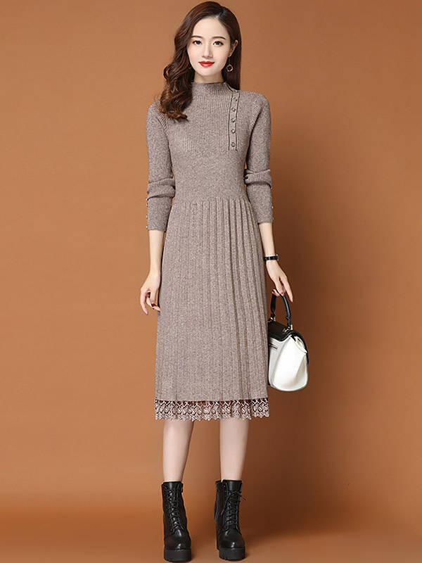 Khaki Stand Collar Ribbed Knit Dress with Lace Detail