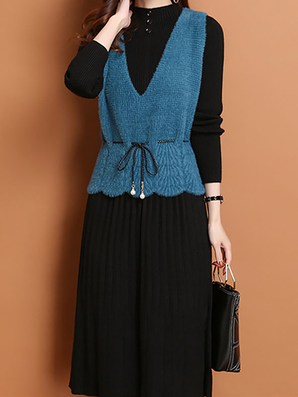 Black A-line Knit Dress with Blue Vest Top