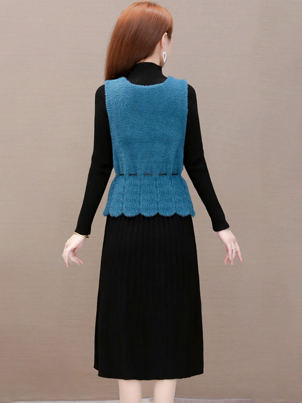 Black A-line Knit Dress with Blue Vest Top