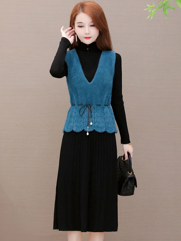 Black A-line Knit Dress with Blue Vest Top