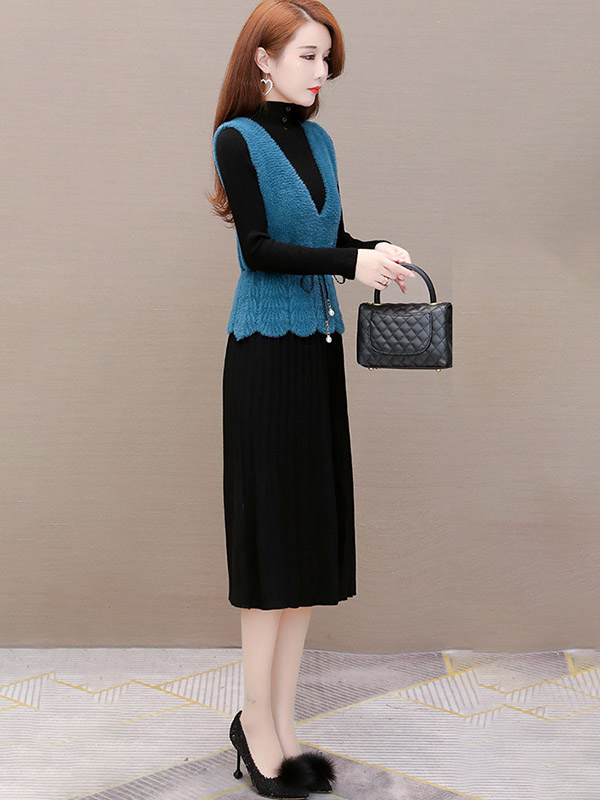 Black A-line Knit Dress with Blue Vest Top