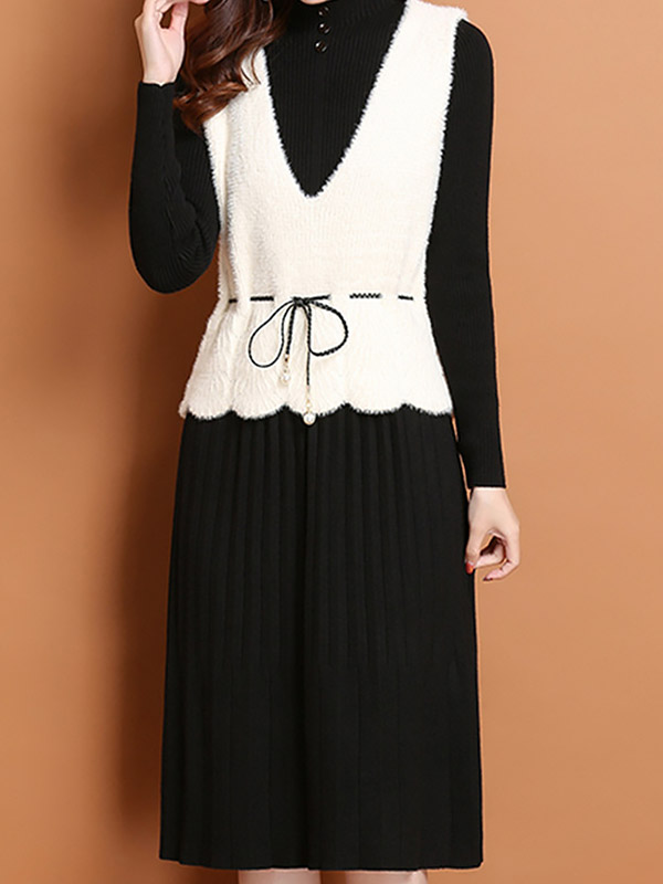 Black A-line Knit Dress with White Vest Top