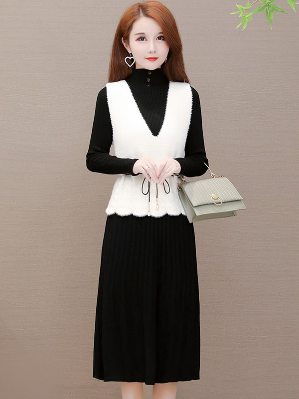 Black A-line Knit Dress with White Vest Top