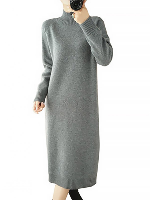 Grey Stand Collar Shift Wool Dress