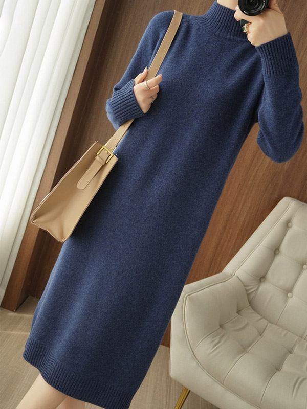 Navy Blue Stand Collar Shift Wool Dress