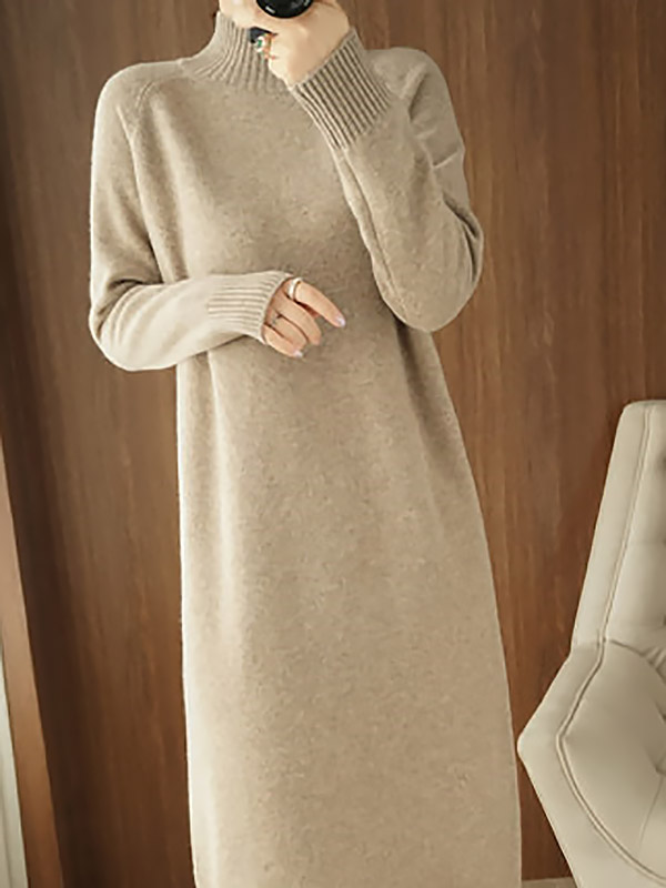 Khaki Stand Collar Shift Wool Dress