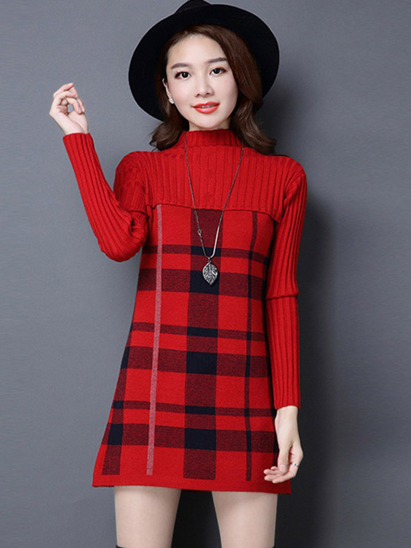 Red Stand Collar Knit Dress in Check