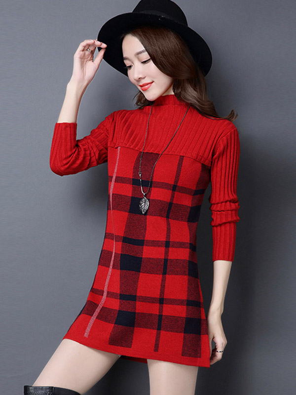 Red Stand Collar Knit Dress in Check