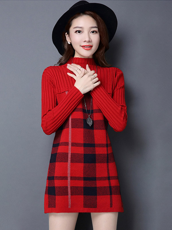 Red Stand Collar Knit Dress in Check