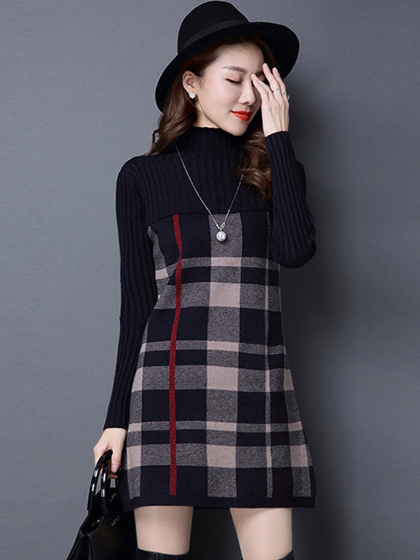 Black Stand Collar Knit Dress in Check