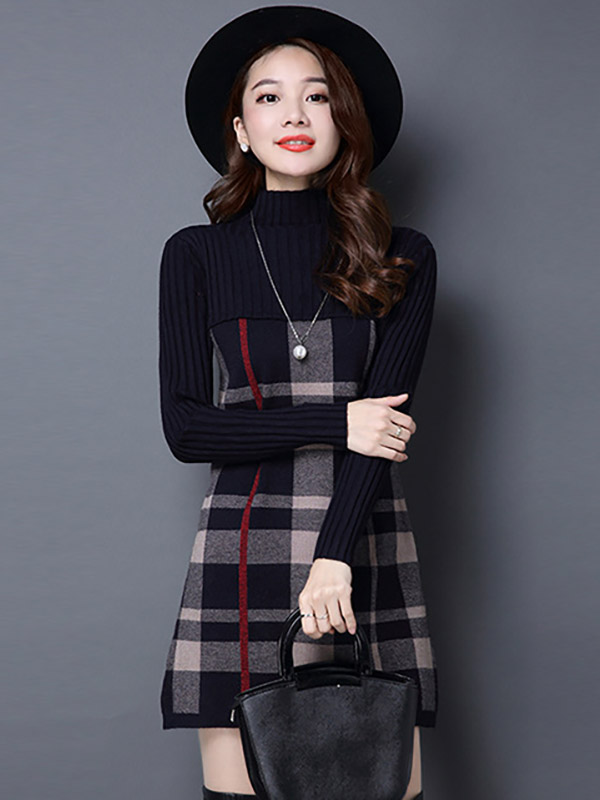 Black Stand Collar Knit Dress in Check