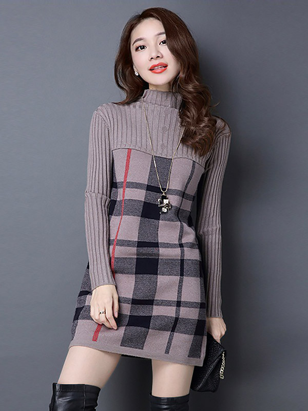 Khaki Stand Collar Knit Dress in Check