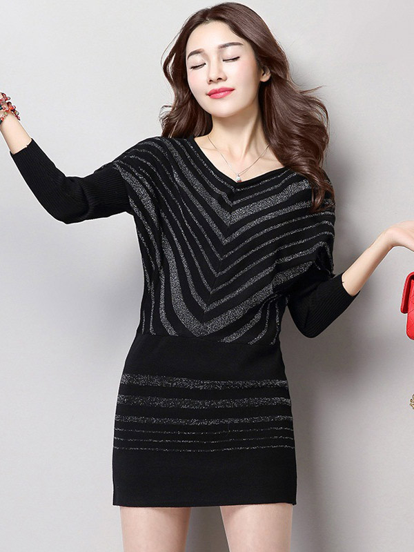 Black Striped Bat Sleeve Knit Mini Dress