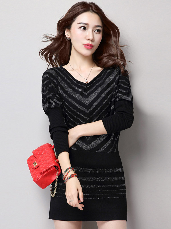 Black Striped Bat Sleeve Knit Mini Dress