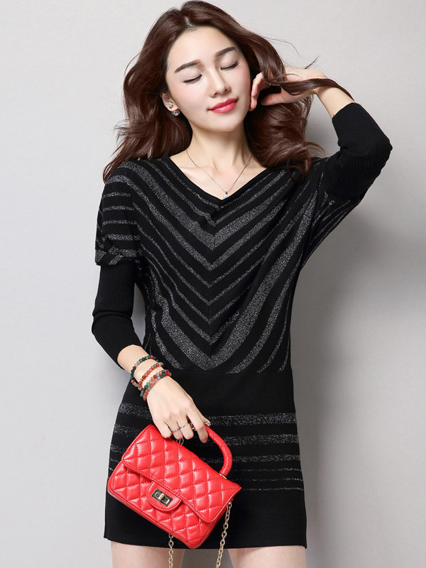 Black Striped Bat Sleeve Knit Mini Dress